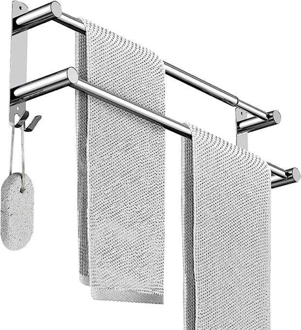 BIGLUFU Stretchable 17-31 Inches Double Bath Towel Bar Bathroom Towel Rack Hooks Kitchen Hand Towel Holder Dish Cloths Hanger SUS304 Stainless Steel Wall Mounted No Drill Space Saving 2-Bar Silver