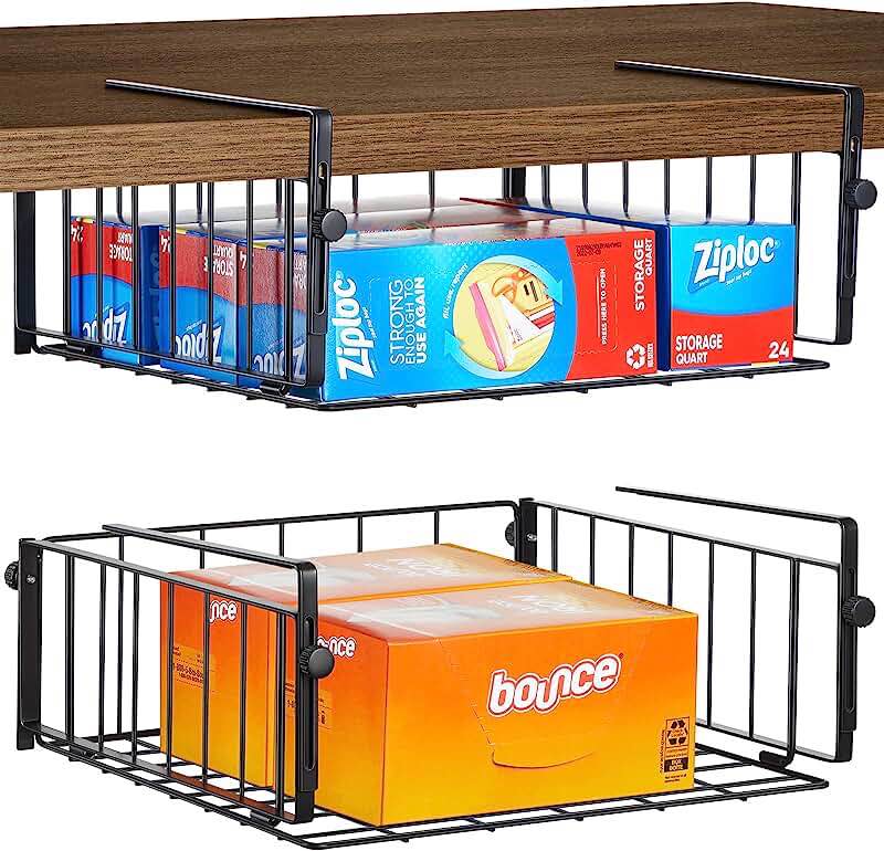 AmonHouseware 2 Pack Hanging Under Shelf Storage Basket,Adjustable Under Cabinet Add-on Storage Racks Slide-in Baskets Organizer for Laundry Room Kitchen Pantry Desk Bookshelf, Black