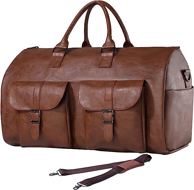 seyfocnia Carry On Garment Bag, Waterproof Mens Garment Bag for Travel Business, Large Leather Duffel Bag with Shoe Compartment -Brown