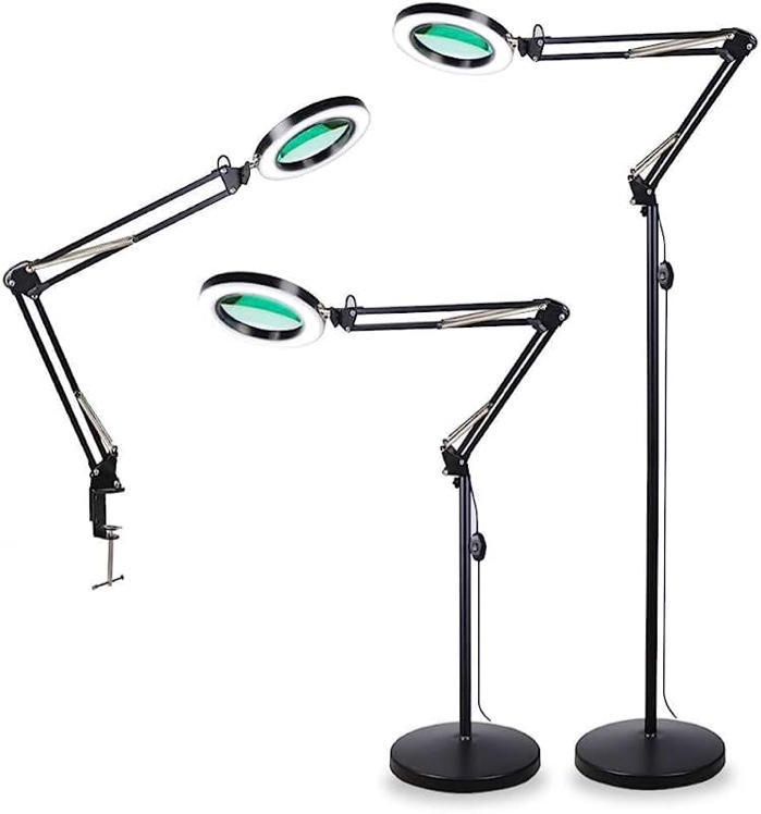 TOMSOO 3-in-1 Magnifying Glass Floor Lamp with Clamp, White/Warm White Lighted Magnifier Lens - Adjustable Stand & Swivel Arm - Full Spectrum LED Light for Reading, Crafts, Professional Tasks (Black)