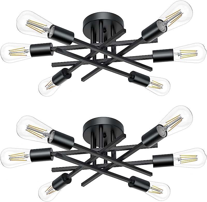 Lomoky Industrial 6-Light Semi Flush Mount Ceiling Light Fixture, Modern Matte Black Farmhouse Lighting, Rustic Sputnik Chandelier Ceiling Lamp for Kitchen Bedroom Hallway Entryway (2 Pack)