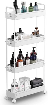 SOLEJAZZ Slim Storage Cart, 4 Tier Bathroom Organizer Mobile Shelving Unit, Rolling Utility Cart Slide Out Organizer for Kitchen, Bathroom, Laundry, Narrow Places, White