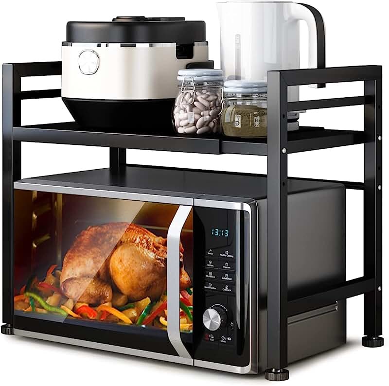 DOLALIKE Microwave Oven Rack, Expandable Microwave Stand Countertop Kitchen Utensils Tableware Storage, Carbon Steel Over Microwave Shelf Countertop 2 Tier with 3 Hooks