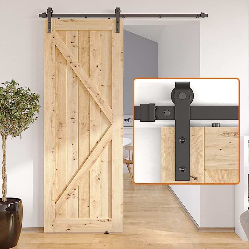 SKYSEN 6FT Sliding barn Door Hardware kit, Barn Door Track, 1/4� Thick Material- Combination Track- Smooth and Quiet- Easy to Install- Black (J Shape-5)