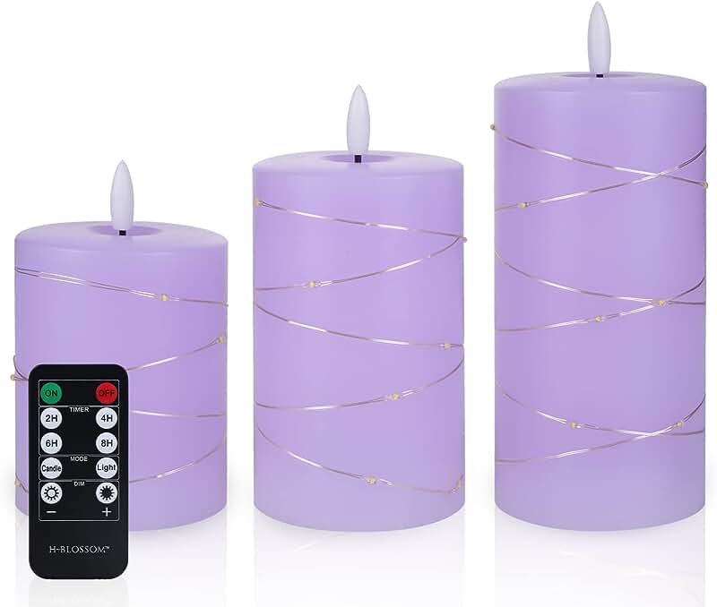 H-BLOSSOM Flameless Candles Battery Operated Purple Real Wax Pillar with Embedded String Lights LED 3D Wick Candles with 10 Key Remote Pack of 3 (3" x 4/5/6" Remote) (Purple)