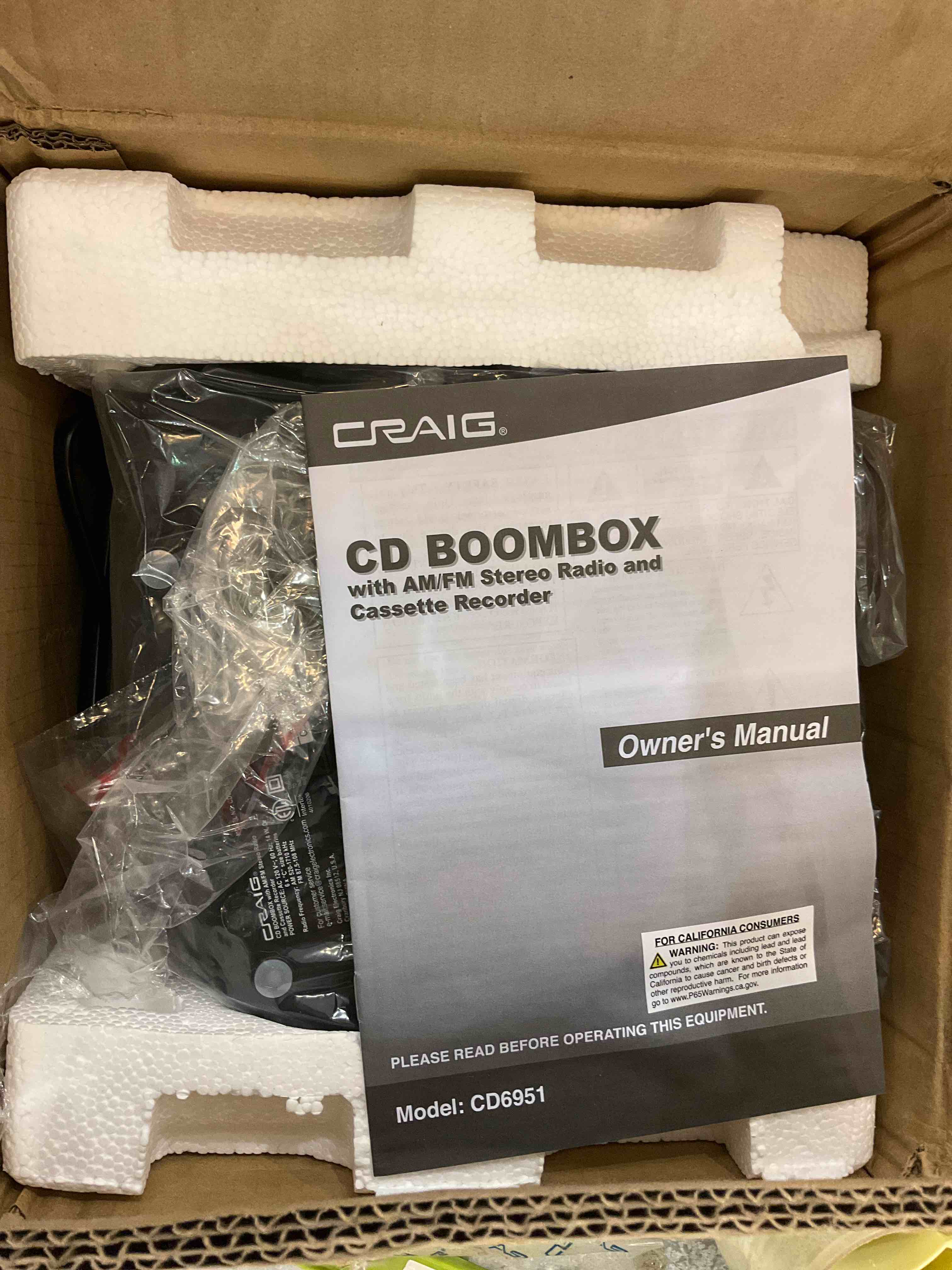 Craig CD6951 Portable Top-Loading CD Boombox with AM/FM Stereo Radio and Cassette Player/Recorder in Black | 6 Key Cassette Player/Recorder | LED Display |