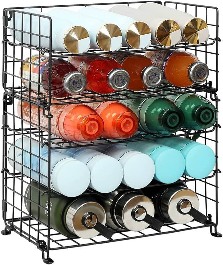 X-cosrack Adjustable Water Bottle Organizer,5-Tier Wall-Mounted Water Bottle Holder, Stackable Water Bottle Storage Rack for Kitchen Countertops,Pantry, Cabinet,Black