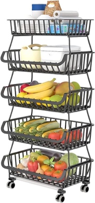 OKZEST 5-Tier Fruit Basket with Removable Top Basket | Stackable Wire Storage Rack on Wheels for Fruit Vegetable Produce Onion Potato Snack | Small Rolling Kitchen Pantry Organizer Cart