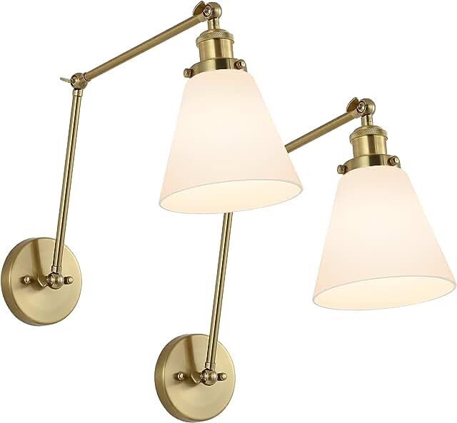 WINGBO Swing Arm Adjustable Wall Lamps Set of 2 Brass Hardwired Light Fixture Up Down White Milk Glass Shade for Bedroom Bedside Reading Living Room Home Hallway Dining Kitchen
