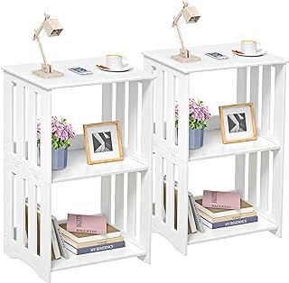HAYOFAMY 3 Tier End Table NightStand Set of 2, Narrow Side Table with Display Shelf, Small Bookcase Bookshelf, Simple Bedside Table Storage Rack for Bedroom, Living Room Office Bathroom (White)