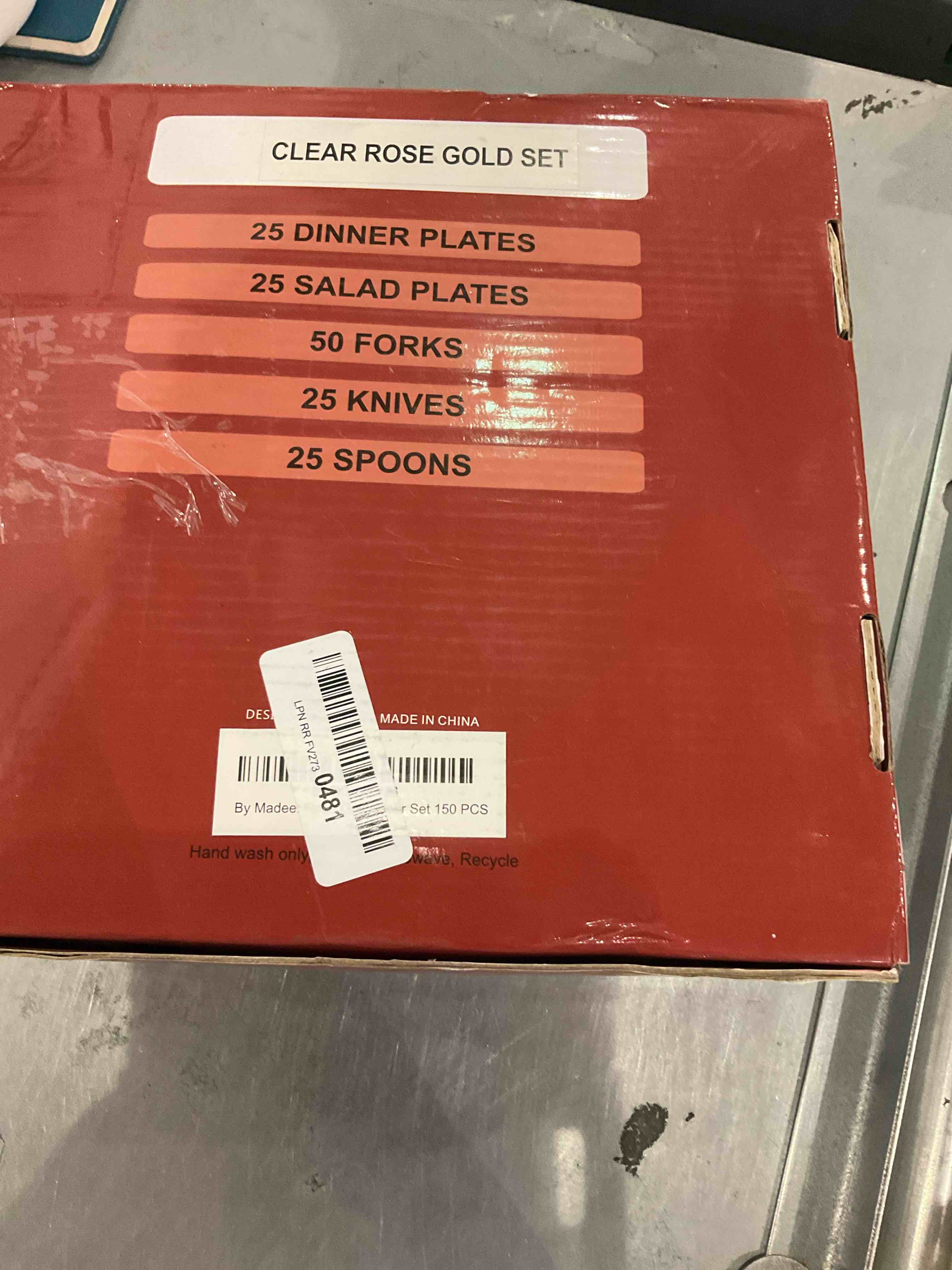 By Madee Heavyweight Plastic Plates Disposable Dinnerware Set - Rose Gold & Clear 150 Piece Set for 25 Guests - Dinner & Salad Plates, Silverware & Gift of 3D Butterflies - Premium Plastic Supplies