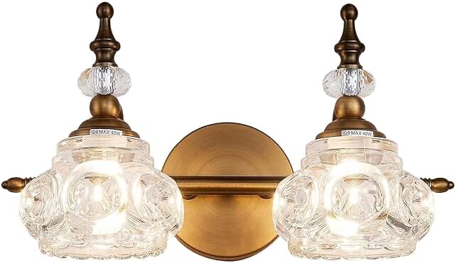 ZILANL Bathroom Vanity Light Fixtures, 2-Light Vintage Crystal Bathroom Lighting, Matte Brushed Antique Brass Finish, Vintage Wall Sconce Light with Crystal Glass Shade