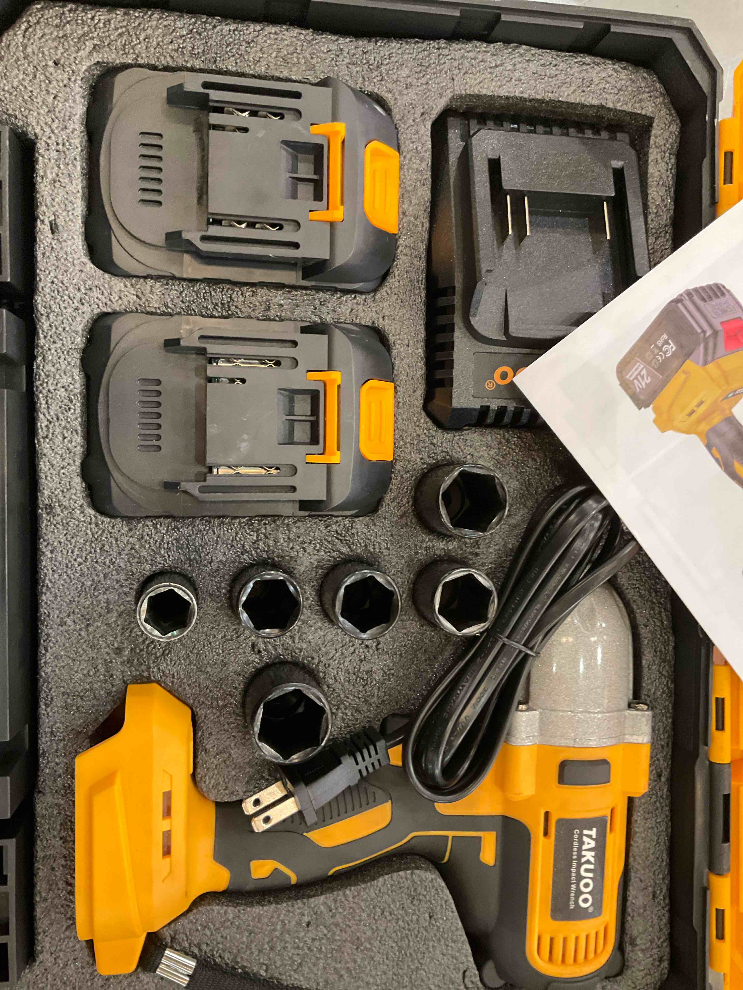 Takuoo 850 N.m Cordless impact wrench,1/2 inch Brushless Impact Wrench,Max Torque (850N.m) 640Ft-lbs electric wrench with 2pcs 4000mAh Li-ion batteries.6 Sockets Power Impact Driver for Car Pipickup