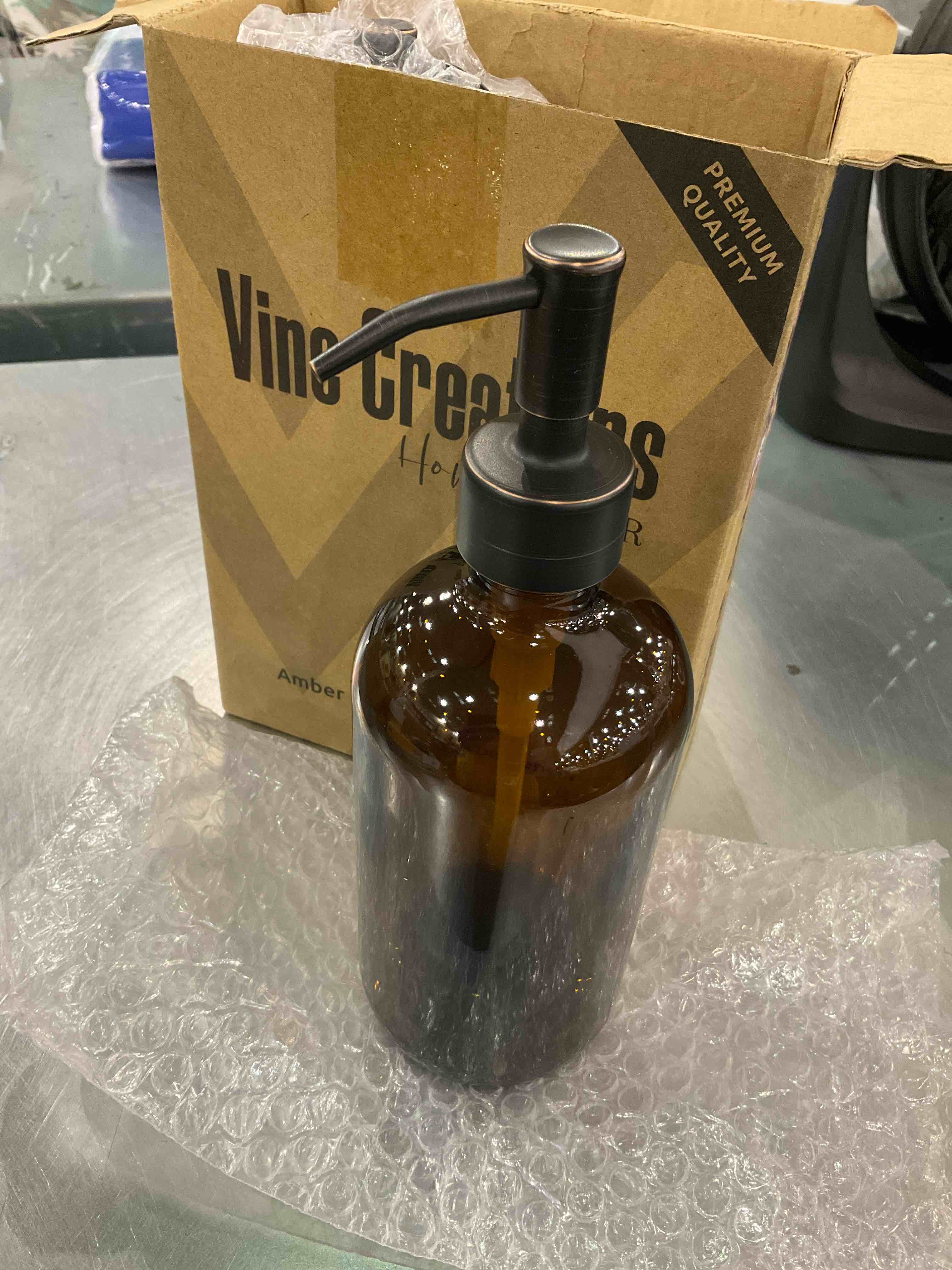 Vine Creations Amber Glass Soap Dispenser 2 Pack, Thick 16oz Bottles Rustproof Stainless Steel Pump, Kitchen Bathroom Accessories, Hand Soap Dish Soap Dispenser, Waterproof Labels (Oil Rubbed Bronze)