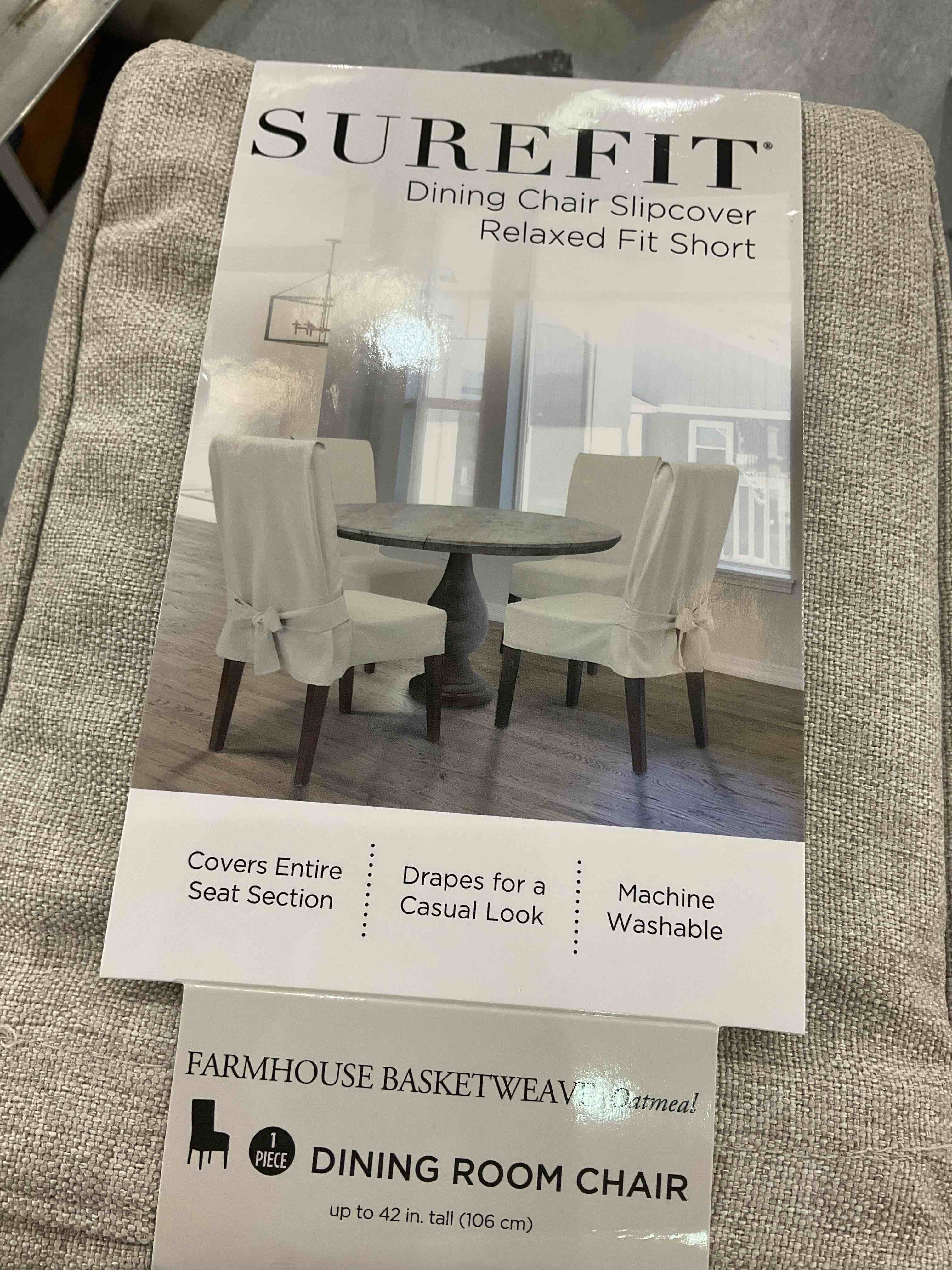 SureFit Farmhouse Basketweave One Piece Slipcover with Ties, Dining Room Chair Cover, Relaxed Woven Fit, 100% Cotton, Machine Washable, Oatmeal Color