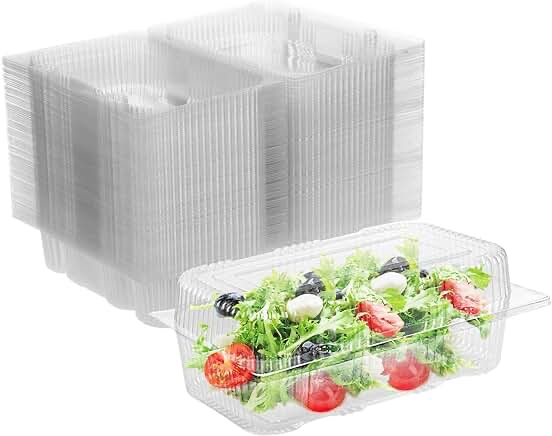 Kaderron Disposable Plastic Hinged Food Container - 50 Pcs Upgrade and Thicken Clear Hinged Containers, 9.8" Length x 5.9" Width x 3" Depth