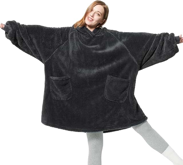 BEDSURE Wearable Blanket Hoodie - Sherpa Fleece Hooded Blanket for Adult as A Gift, Warm & Comfortable Blanket Sweatshirt with Giant Pocket both Indoors and Outdoors (Standard, Black)