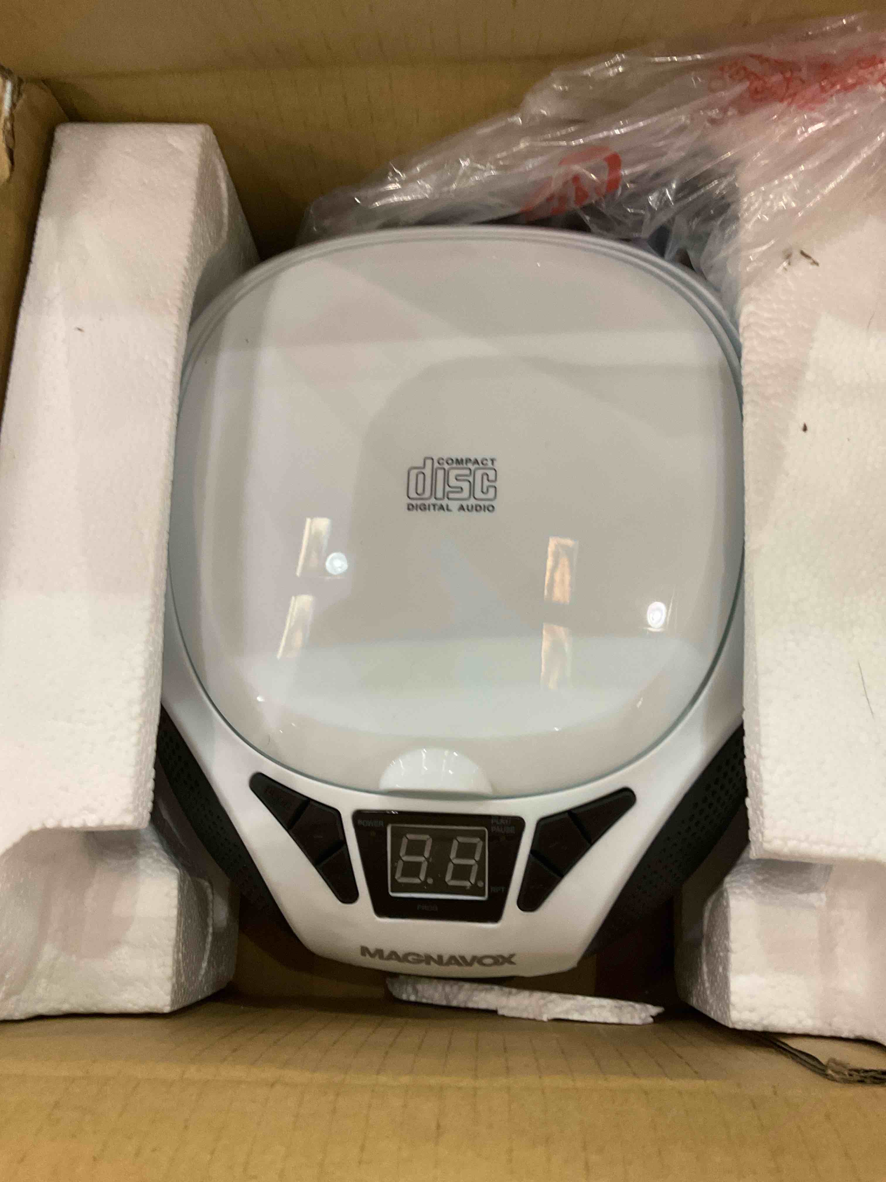 Magnavox MD6924-WH Portable Top Loading CD Boombox with AM/FM Stereo Radio in White and Black | CD-R/CD-RW Compatible | LED Display | AUX Port Supported | Programmable CD Player |