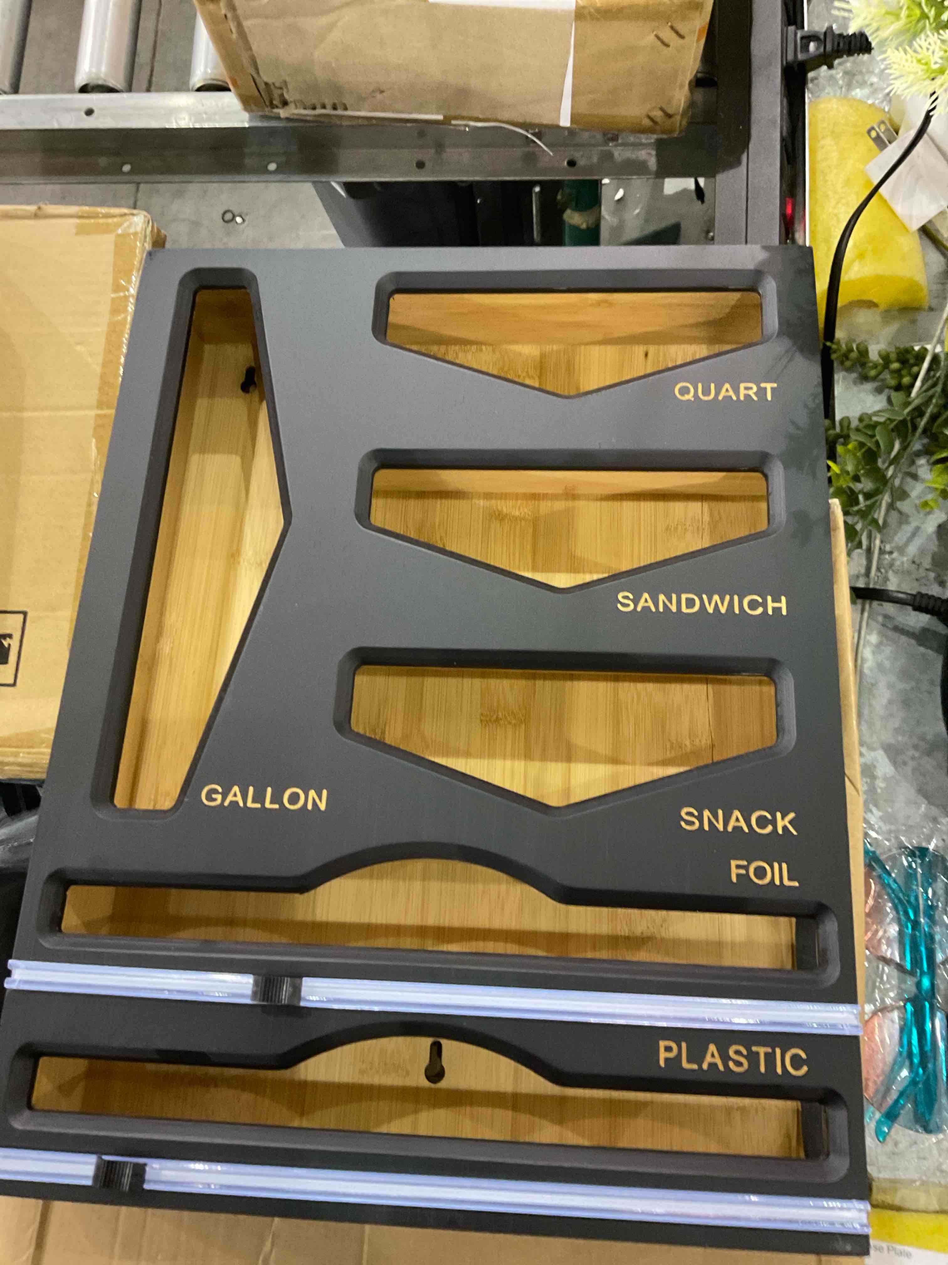 Cozee Bay Bamboo Ziplock Bag Organizer with Foil and Plastic Wrap Organizer, Kitchen Drawer Organizer, Wrap Dispenser with Cutter, for Gallon, Quart, Sandwich, Snack Bags and 12" Roll (Black)