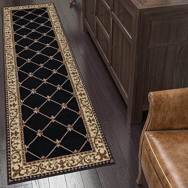 Orleans Traditional Border Black Runner Rug, 2' x 7'
