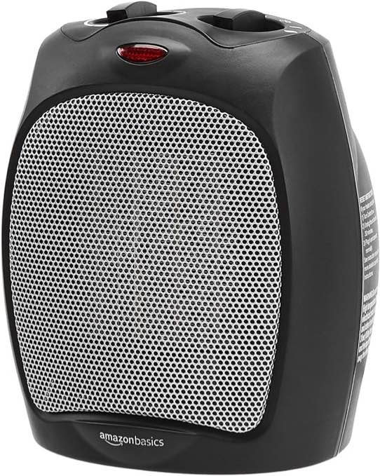 Amazon Basics 1500W Ceramic Personal Heater with Adjustable Thermostat, Black, 7.52"D x 6.34"W x 9.45"H