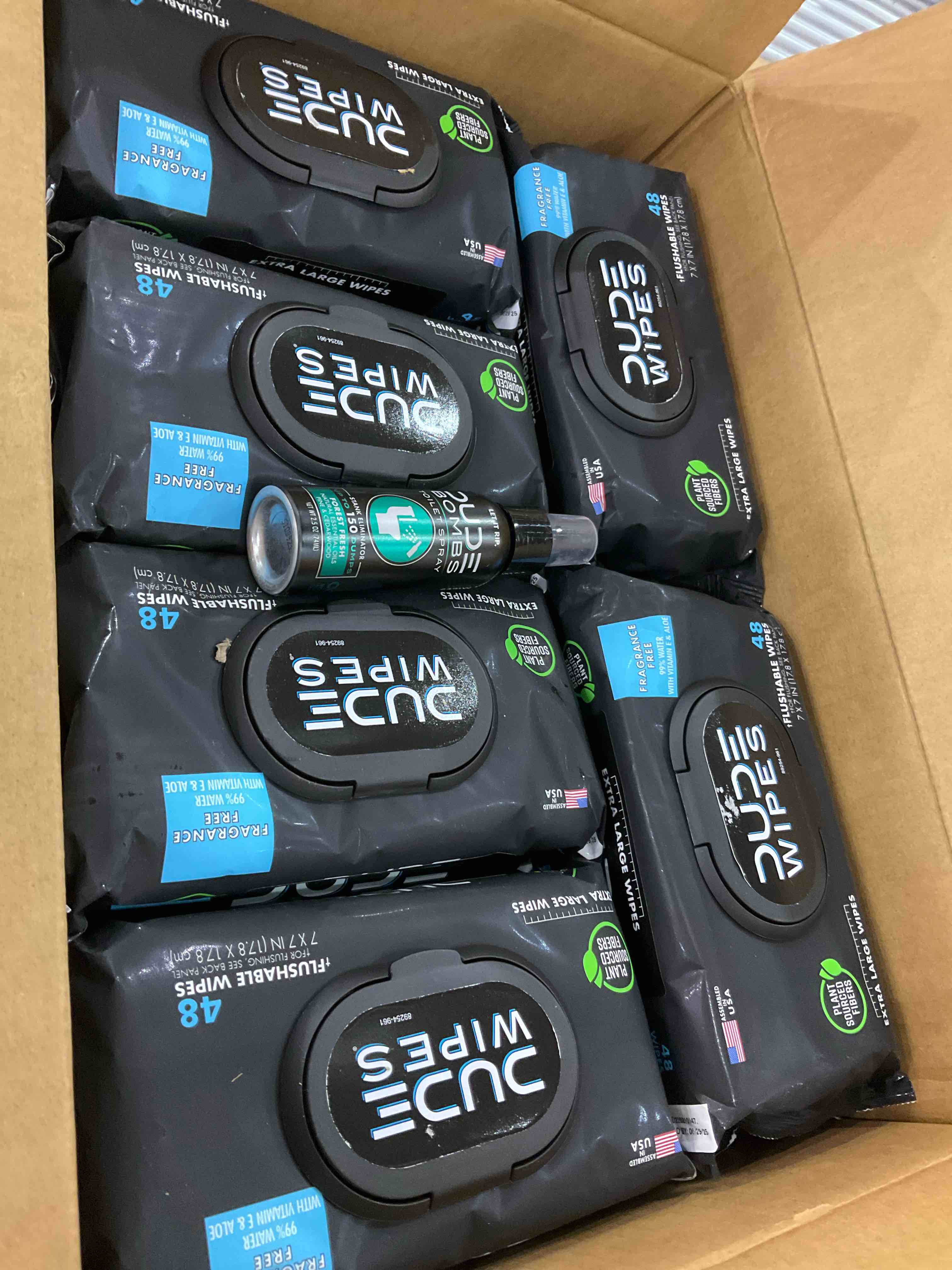 DUDE Wipes Flushable Wipes with DUDE Bombs Toilet Spray - 18 Pack, 864 Wipes + 1 Spray Bottle - Unscented Wet Wipes with Vitamin-E & Aloe - Forest Fresh Stank Eliminator