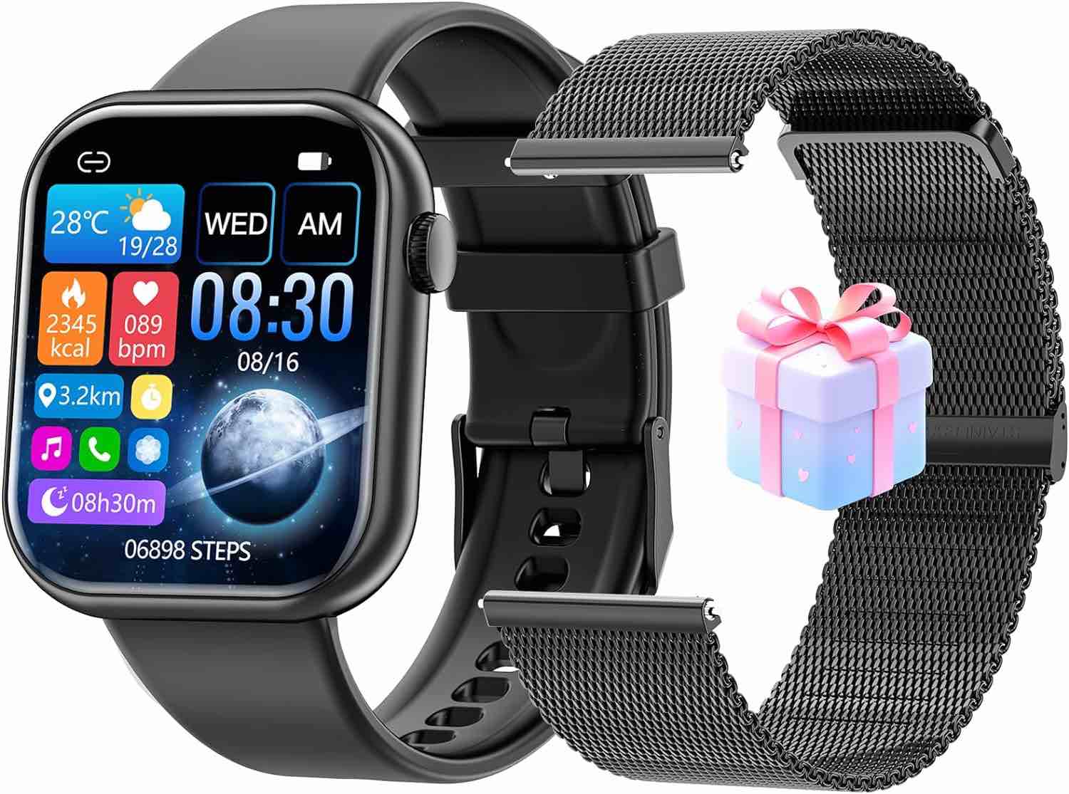 Smart Watch (Answer/Make Calls), 2024 Newest 1.85 Inch Fitness Tracker, Heart Rate/Sleep Monitor/Pedometer/Calories, Multiple Sports Modes, Waterproof Women's Men's Fitness Watch for Android iOS