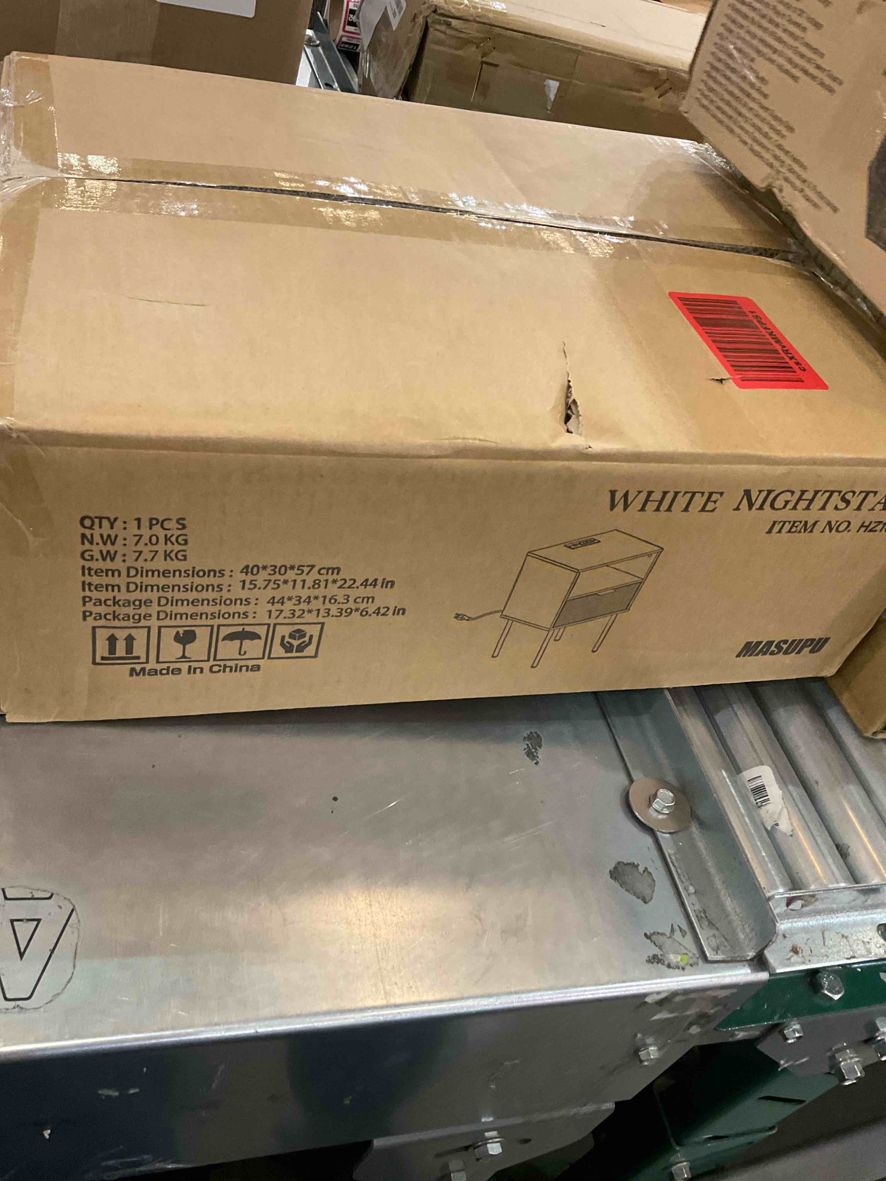 Masupu Nightstand with Charging Station,Mid-Century Modern Bedside Table with Storage Drawer and Open Wood Shelf,Small Gold Frame Side Table for Bedroom,Living Room,White