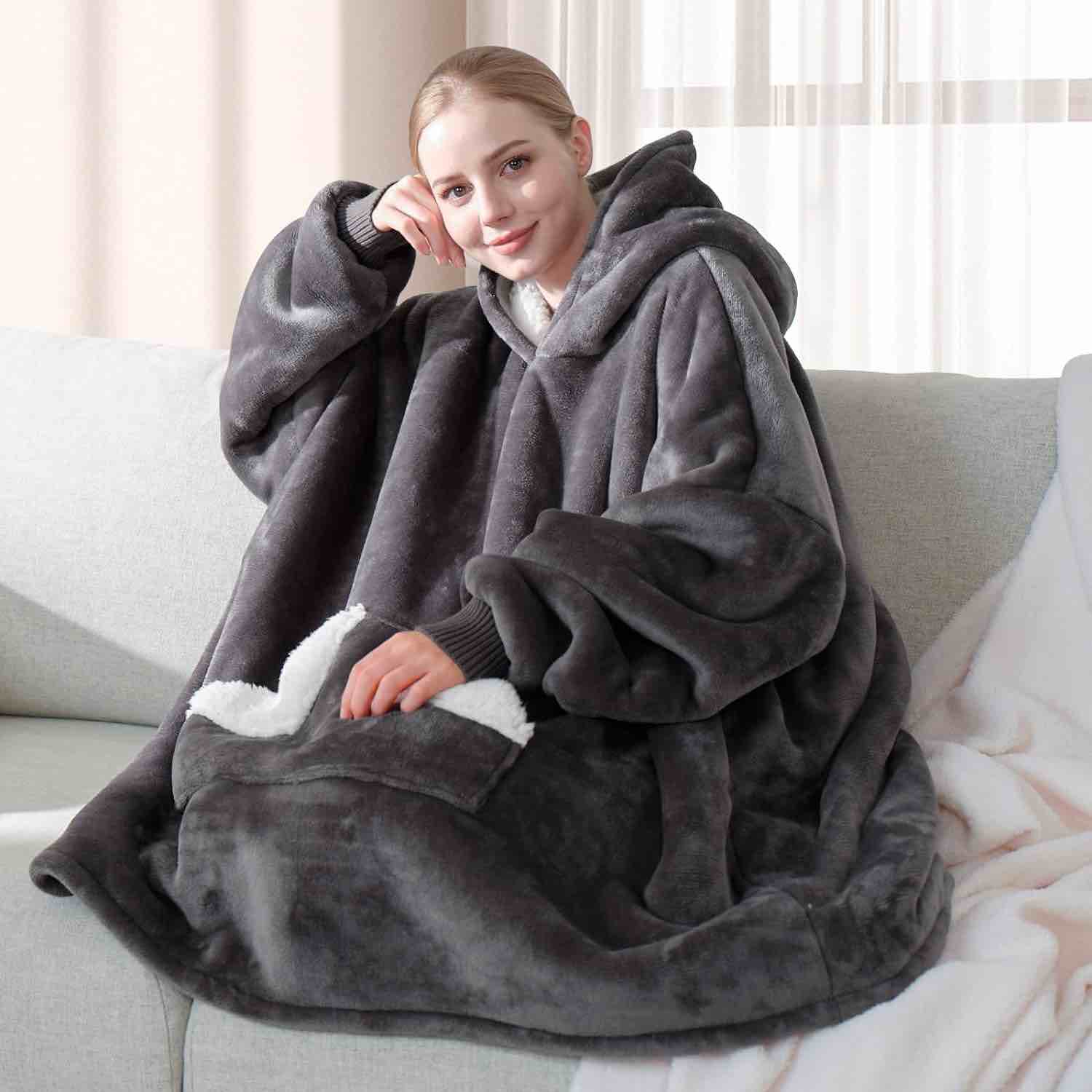 Touchat Wearable Blanket Hoodie, Oversized Sherpa Fleece Sweatshirt Blanket with Giant Hood Pocket and Sleeves for Adult, Warm & Cozy Grey Blanket Gifts for Women