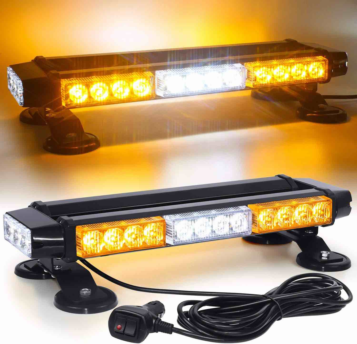 LINKITOM LED Strobe Flashing Light Bar -Double Side 30 LED High Intensity Emergency Hazard Warning Lighting Bar/Beacon/with Magnetic and 16 ft Straight Cord for Car Trailer Roof Safety (Amber&White)