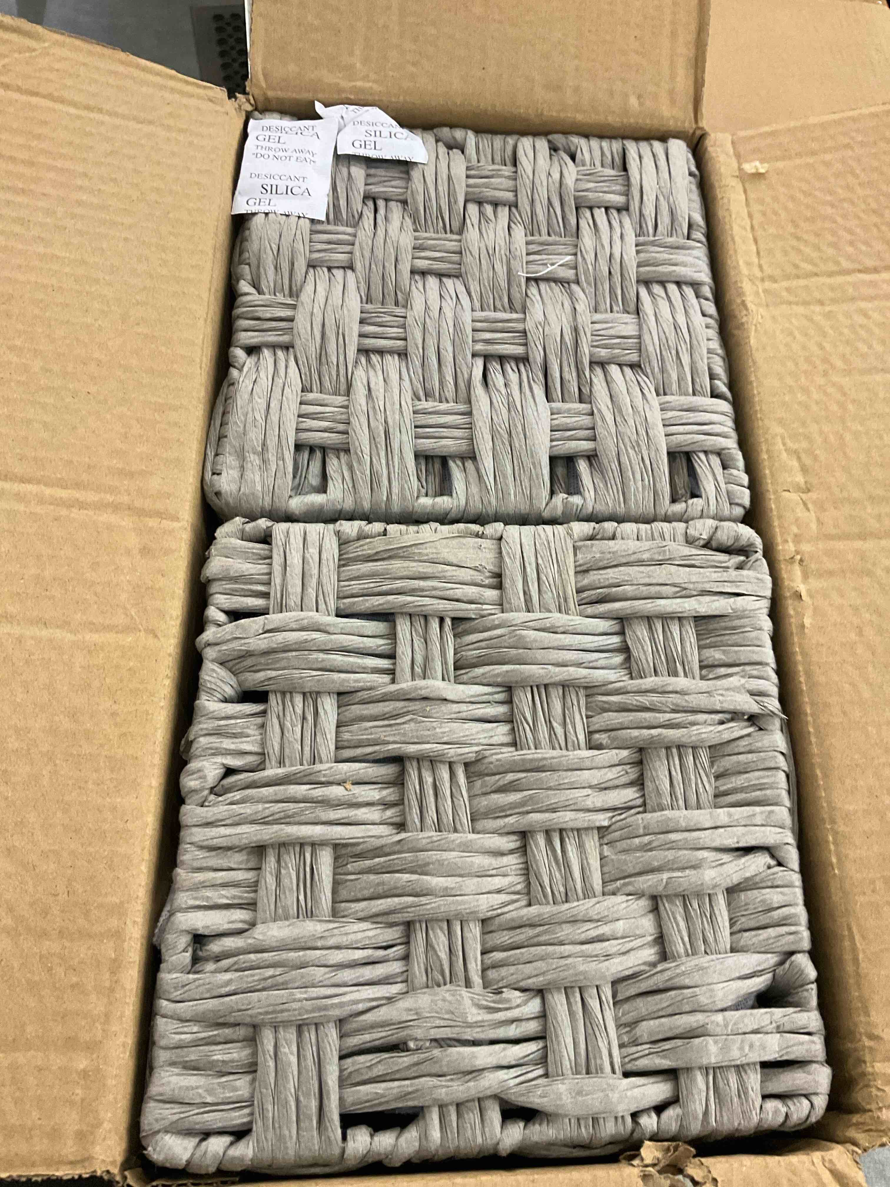 EZOWare Woven Paper Rope Storage Nest Baskets, Set of 4 Square Shelf Organizer Container Box Bins with Liner - Gray ( 7 x 7 x 5 inches)