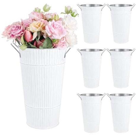 Sliner 6 Pcs 12'' Flower Buckets Bulk Galvanized Metal Vase White Vintage