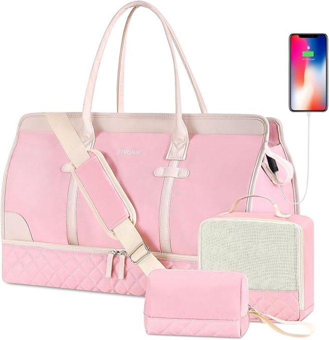 ( incomplete) ETRONIK Weekender Overnight Bags for Women, Large Travel Duffle Bags with Shoe Compartment & Wet Pocket, Carry On Bag Duffel Bag with Toiletry Bags 3 Pcs Set
