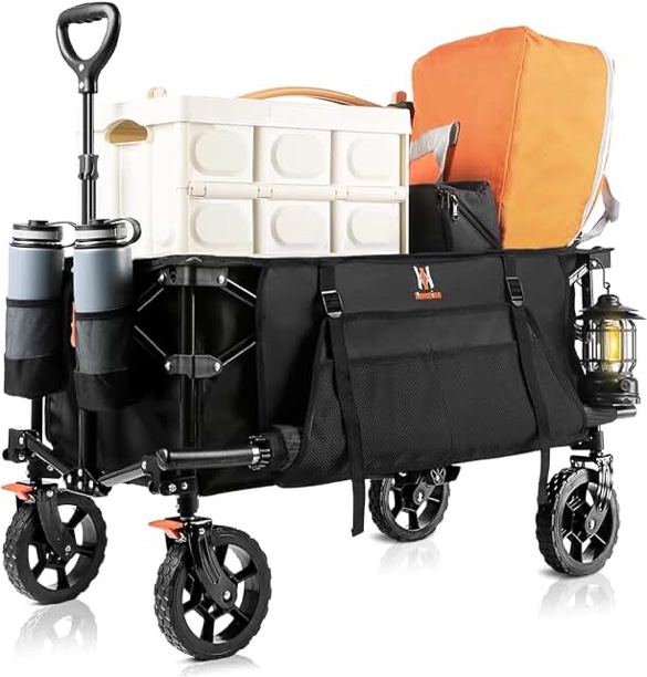 Collapsible Folding Wagon, Heavy Duty Utility Beach Wagon Cart with Side Pocket and Brakes, Large Capacity Foldable Grocery Wagon for Garden Sports Outdoor Use, S1