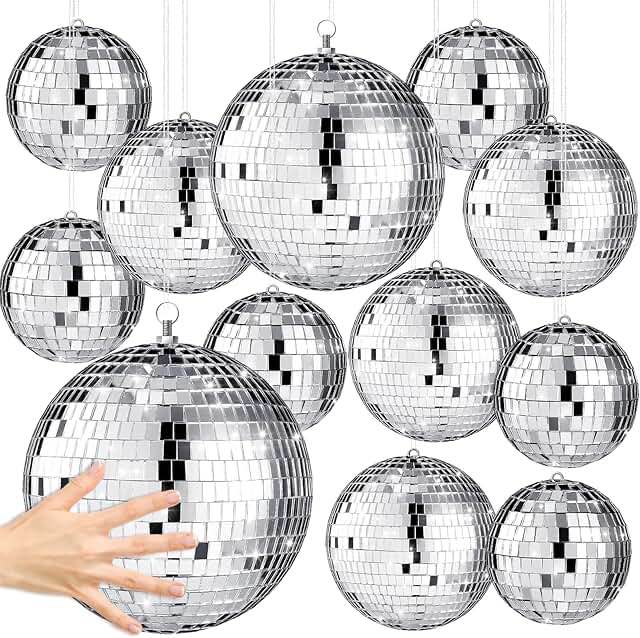 Libima 12 Pcs Christmas Disco Ball Hanging Decoration Mirror Disco Balls Ornaments Silver Disco Ball 70s Disco Themed Party Decoration for Dance Music Stage Bar Party Supplies (8'', 6'', 4'', 3'')