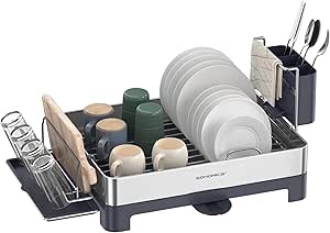 SONGMICS Large Dish Drying Rack, Premium Stainless Steel Dish Rack with Rotatable Spout, Fingerprint-Resistant Dish Drainers for Kitchen Counter, 12.5 x 22.5 in, Silver and Gray UKCS030E01
