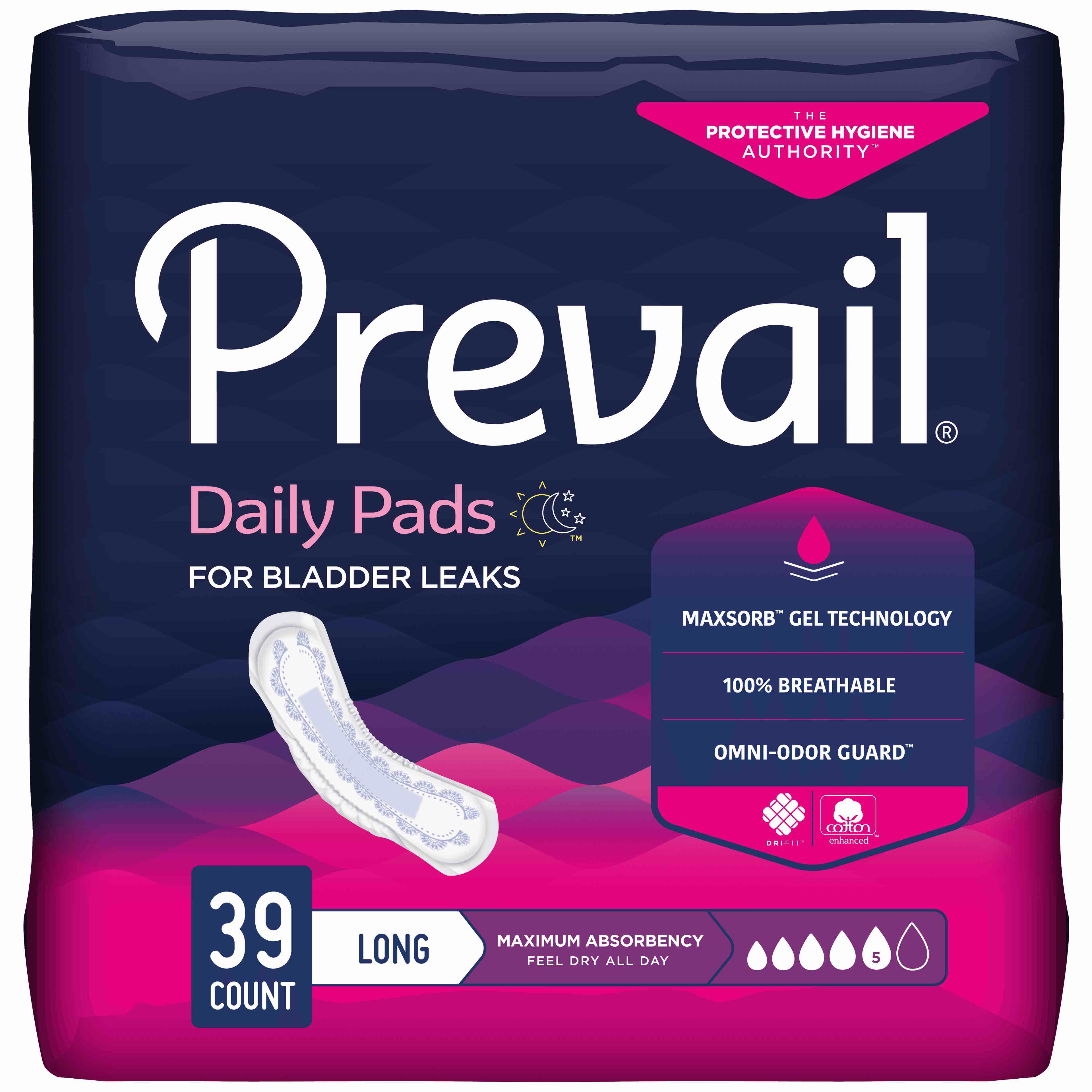 Prevail Incontinence Bladder Control Pads for Women, Maximum Absorbency, Long Length, 39 Count