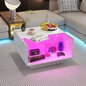 HOME BI LED Coffee Table for Living Room, Center Table with 2 Storage Glass Drawers for Game Night, Unique 16 Colors LED Lights Wood Coffee Tables, White