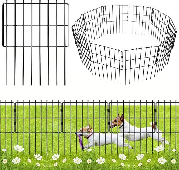 25 Pack Animal Barrier Fence - No Dig Garden Decorative Fence Rustproof Metal Wire Panel Border for Dog Rabbits Ground Stakes Defence and Outdoor Patio, T Shape. Total Length 17 in(H) X 27 Ft(L)