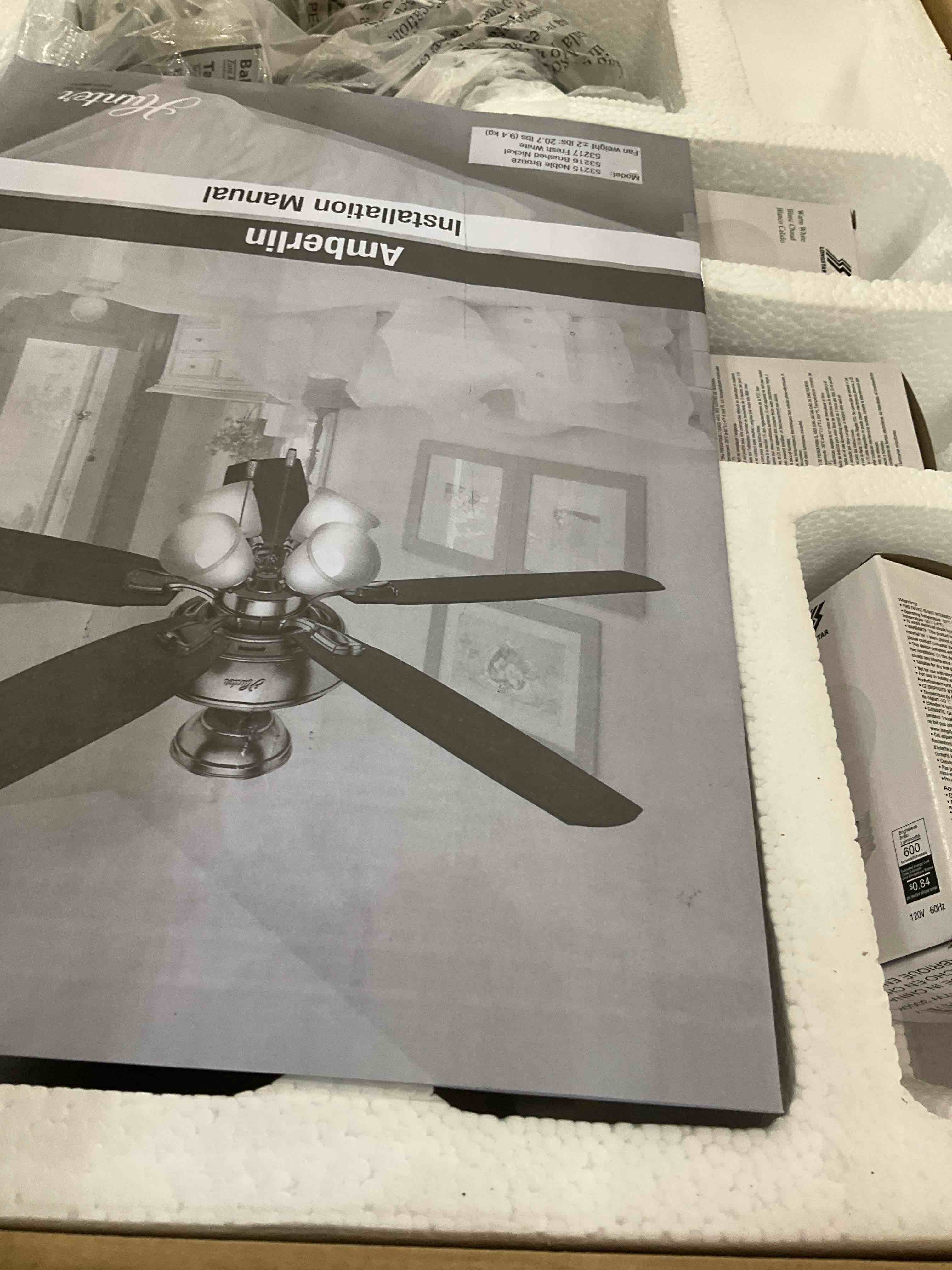 Hunter Fan Company 53216 Amberlin Indoor Ceiling Fan with LED Light and Pull Chain Control, 52", Brushed Nickel Finish