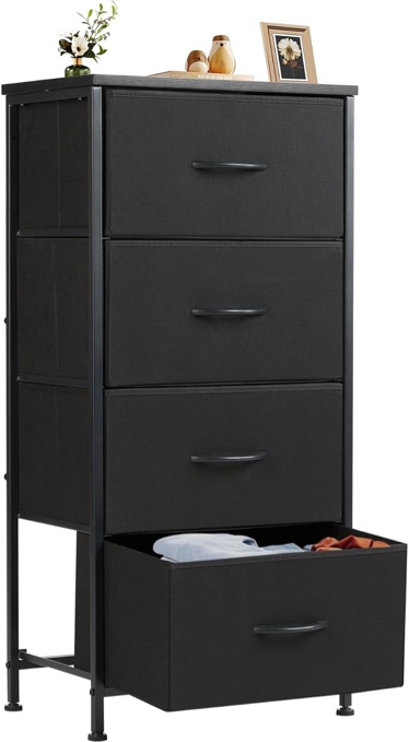 NEWBULIG Dresser for Bedroom with 4 Drawers, Storage Organizer Units with Cabinet Wooden Top for Clothing Closet Living Room Hallway, Fabric Bins, Black