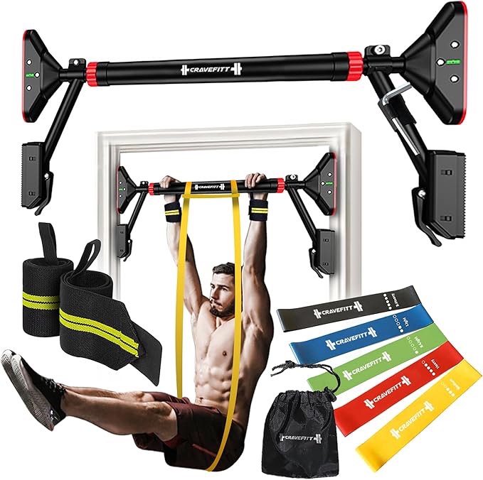 Barra de dominadas para puerta con bandas de resistencia y muñequeras, barra de barbilla ajustable para entrenamientos de la parte superior del cuerpo, mecanismo de bloqueo de 29.9 a 37.5