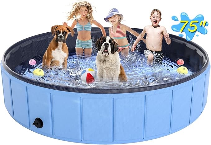 Large Foldable Dog Pool 86.6"x15.7", Hyperzoo Oversize Collapsible Dog Pet Bathing Tub Portable Kiddie Pool Leakproof PVC Swimming Pool for Small Large Dogs Pets Kids Blueâ€¦