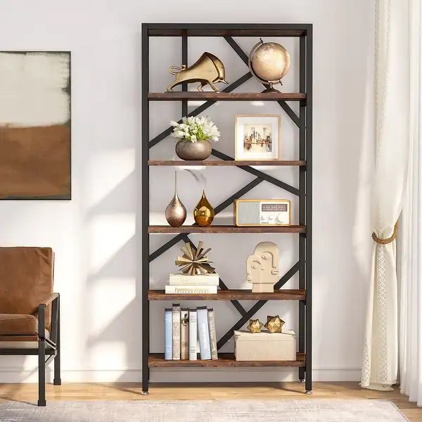 71" Industrial Bookshelf, 6 Tier Rustic Brown Wood Etagere Bookcase