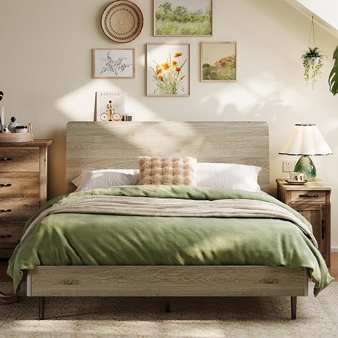 LINSY Queen Bed Frame Wood with Ergonomic Headboard, Farmhouse Bed Frame Queen Size with Storage Shelf, Fast 45-Min Assembly Platform Bed, Noise-Free, No Box Spring Needed - Beige