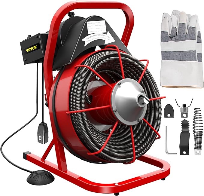 VEVOR 75FT x 1/2 Inch Drain Cleaning Machine 370W Sewer Snake Auger Cleaner Electric Clog Remover Plumbing Tool with 4 Cutters & Air-Activated Foot Switch for 1" to 4" Pipes, Red, Black