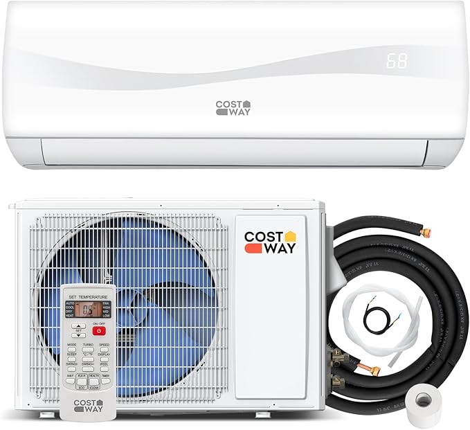 COSTWAY 9000BTU Split Air Conditioner & Heater, 17 SEER2 208V-230V Energy Efficient Wall Mount AC Unit w/Heat Pump, Inverter System, Remote Control & Installation Kit, Cools Rooms up to 450 Sq. Ft.