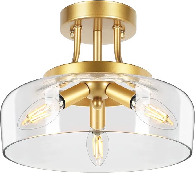 similar and the photo-) 3-Light Gold Semi Flush Mount Ceiling Light Fixture, Modern Ceiling Light with Drum Glass Shade, Golden Ceiling Lamp for Living Room Kitchen Bedroom Hallway Bathroom Laundry, E12 Socket, No Bulbs