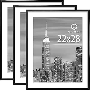 Giverny 22 x 28 Picture Frame Black 2 Pack, Poster Frames 22x28 for Horizontal or Vertical Wall Mounting, 18x24 Picture Frame with Mat, Lightweight Minimalist Photo Frame