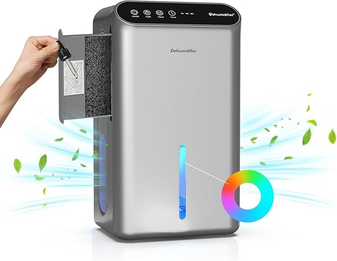 Dehumidifiers for Home, 80OZ Water Tank, Dehumidifier for Bedroom Bathroom Basement RV Closet Camper Laundry Room Office with Essential Oil Diffuser, 24Hr Timer and 7 Colors LED Light (Grey)